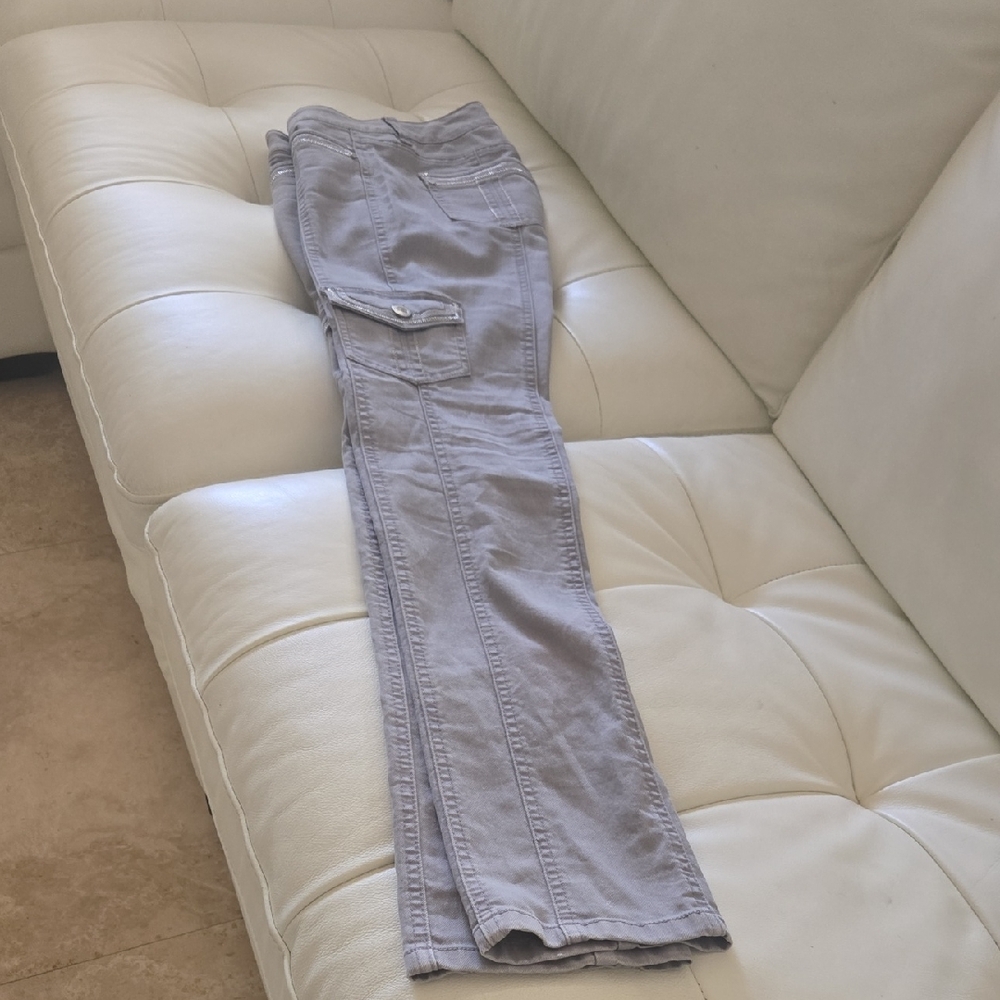 White House Black Market Women's Straight-Leg Cargo Jeans in Light Gray